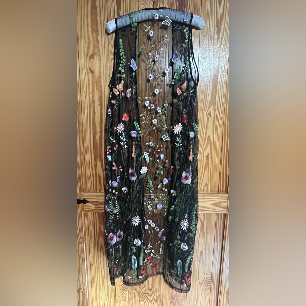 Black Sheer Embroidered Tulle Mesh Long Duster Floral Open Front Topper Vest - Picture 4 of 13
